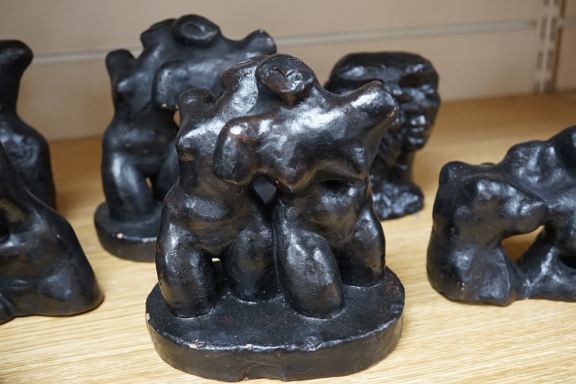 Three pairs of small black figural abstract sculptures, together with two similar sculptures. (8). Tallest 15cm high